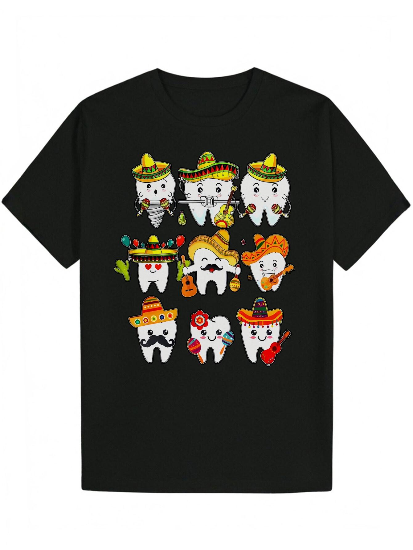Mexican Fiesta Teeth Character Graphic T-shirt - Black Casual Summer Tee with Sombrero & Maracas Design M