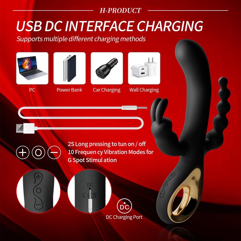 10 Frequency Silicone Rabbit Triple Vibrator for Women Dual Motor Clitoral & G-Spot Stimulator Rechargeable Quiet Vibrator Toy