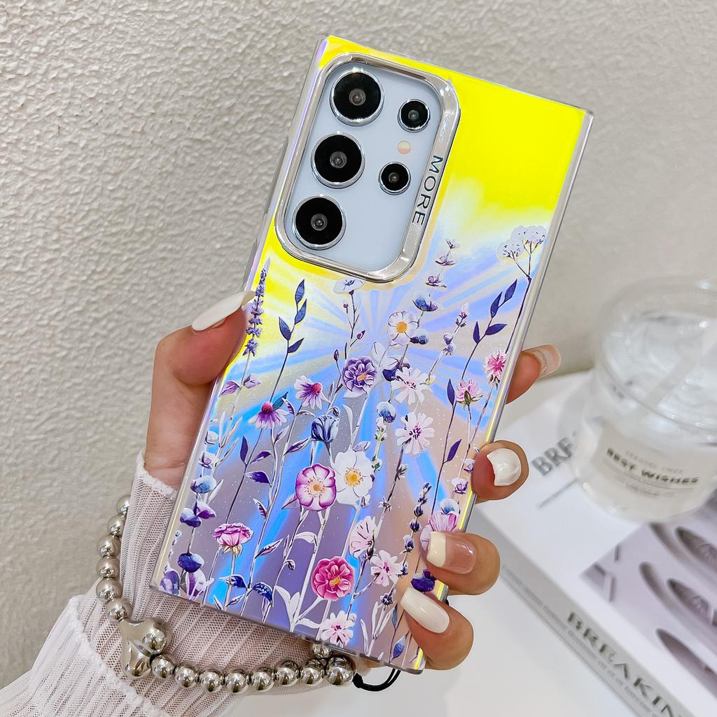 Electroplated Laser Flower S25Ultra Mobile Phone Case Suitable for Samsung A16 Pearl Bracelet S24plus Hard Case