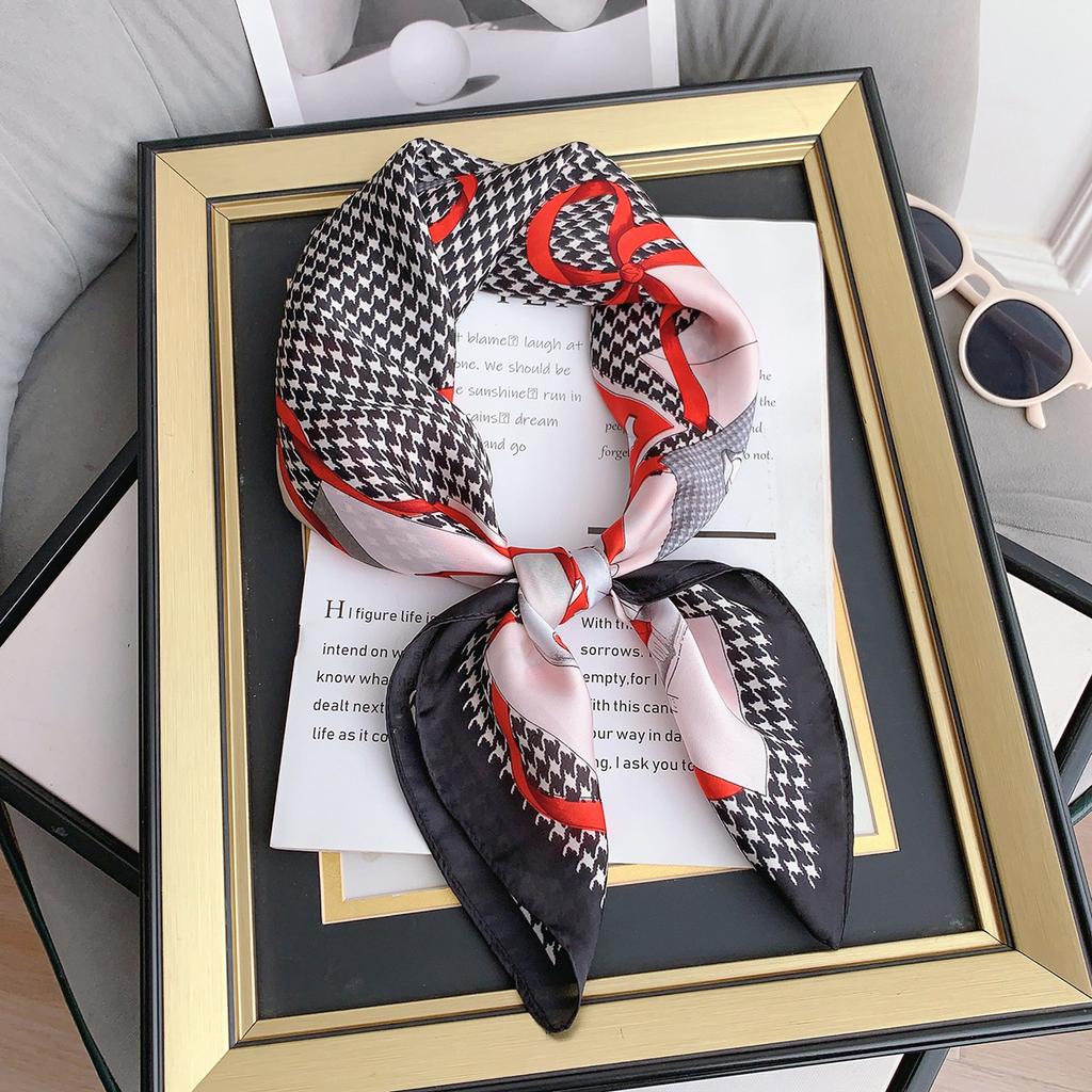 Silk scarf female stripe black and white printing spring and summer new decoration simple fashion simulation silk square scarf