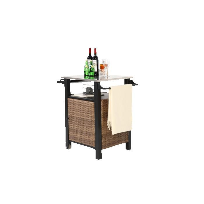 Chariot de bar à une porte,adapté aux cuisines extérieures,avec plateau d'extension et roulettes en acier inoxydable, couleur marron