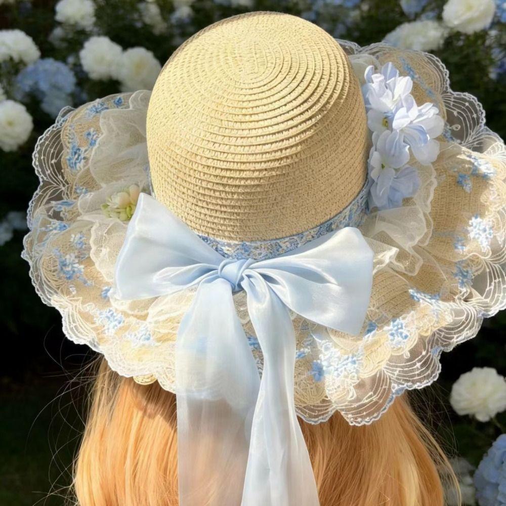 Floral Design Woman's Straw Hat Elegant Sun Protection Cap Lace Brim Sunshade Cap Casual Wear