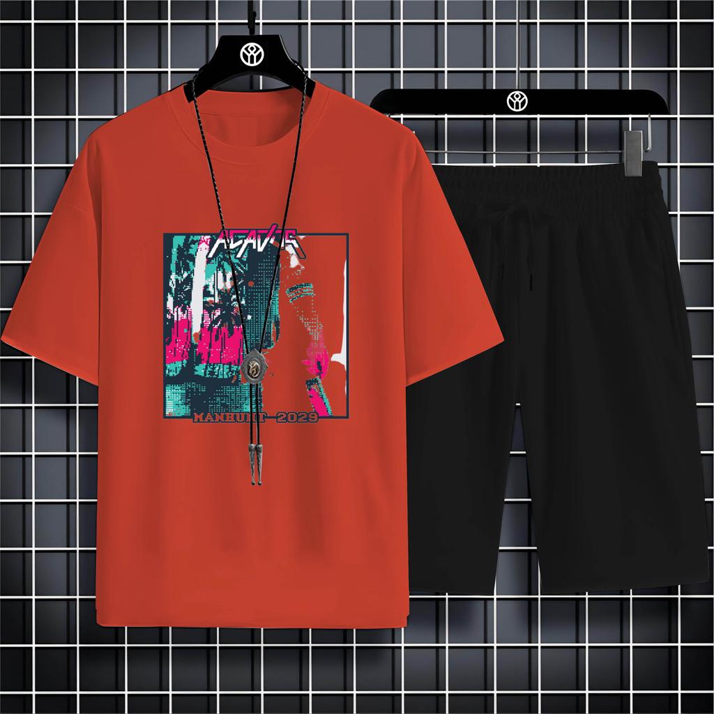 Fashion Four Seasons Casual Sports Style 2d Letter Print Adult Men'S Round Neck Loose Short Sleeve T-Shirt Trouser Set Quick Dry