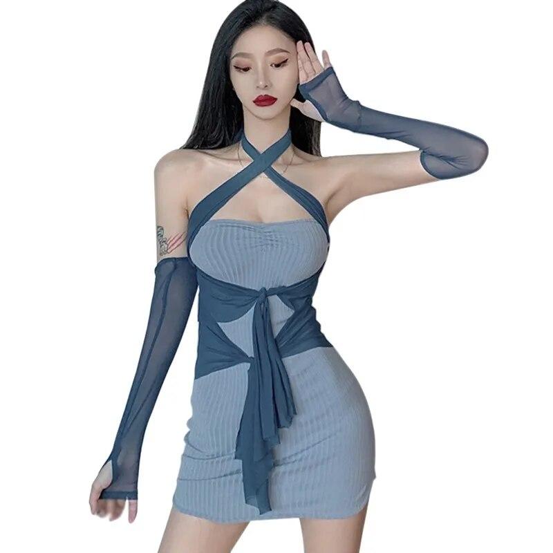 

Женское платье в стиле пэчворк с открытой спиной и длинными рукавами One Size