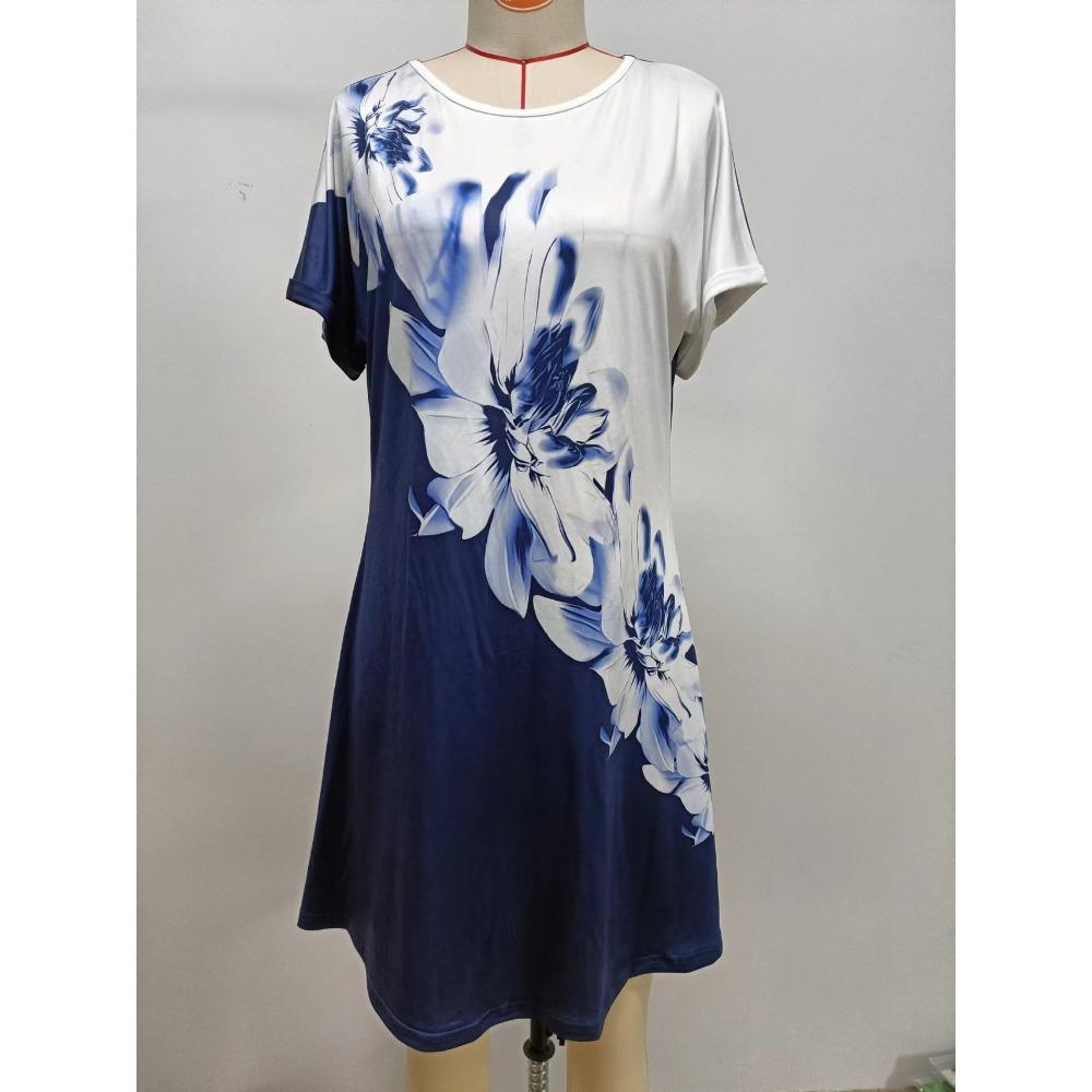 

Платье-футболка свободного кроя с цветочным принтом и круглым вырезом XXL синий