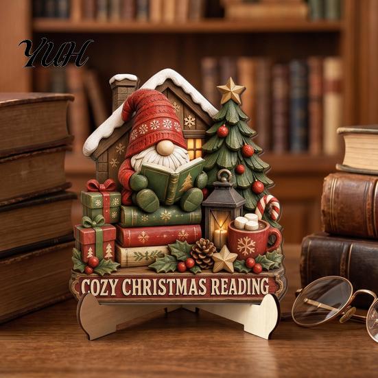 Christmas Souvenir for Friends 2D Flat Wooden Tabletop Sign, Reading Gnome Nutcracker Snowman Santa Claus Statues Gingerbread Man Figurine,