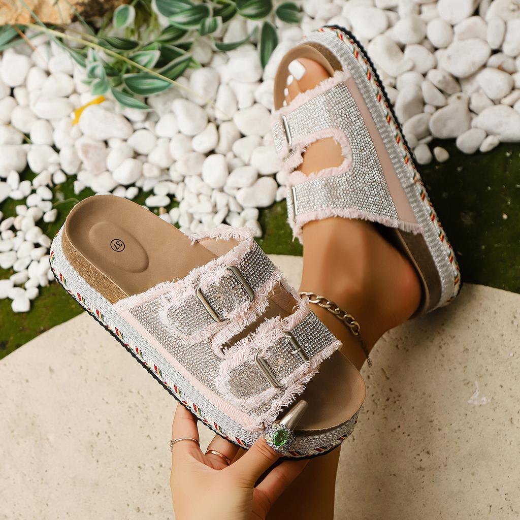 Mode 2025 Nouvelles Pantoufles pour Femmes Plateforme Extérieur Plage Liège Pantoufles Mode Sandales d'Été Chaussures à Plateforme à Paillettes Diapositives pour Femmes Femmes