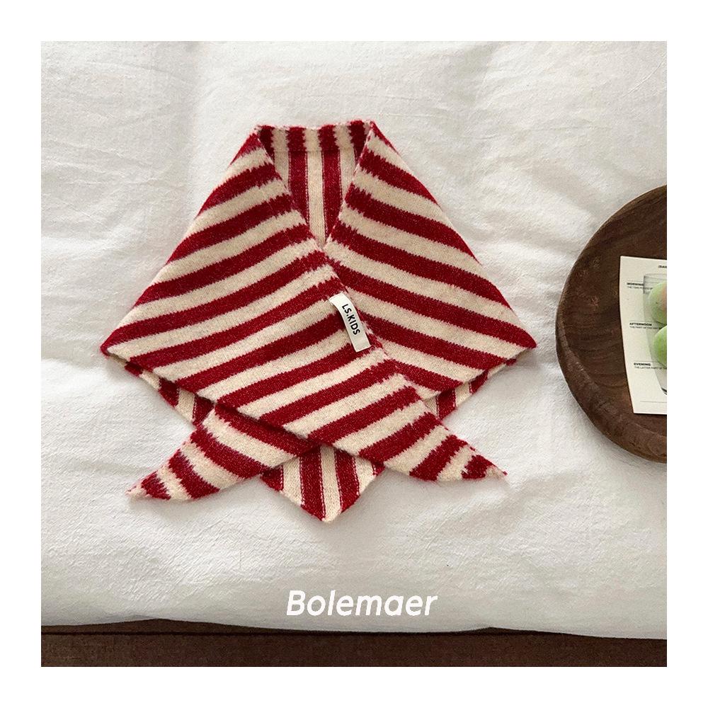 Kids Autumn Winter Wool Knitted Triangle Scarf Black Apricot Striped Soft Warm Versatile Small Neck Warmer