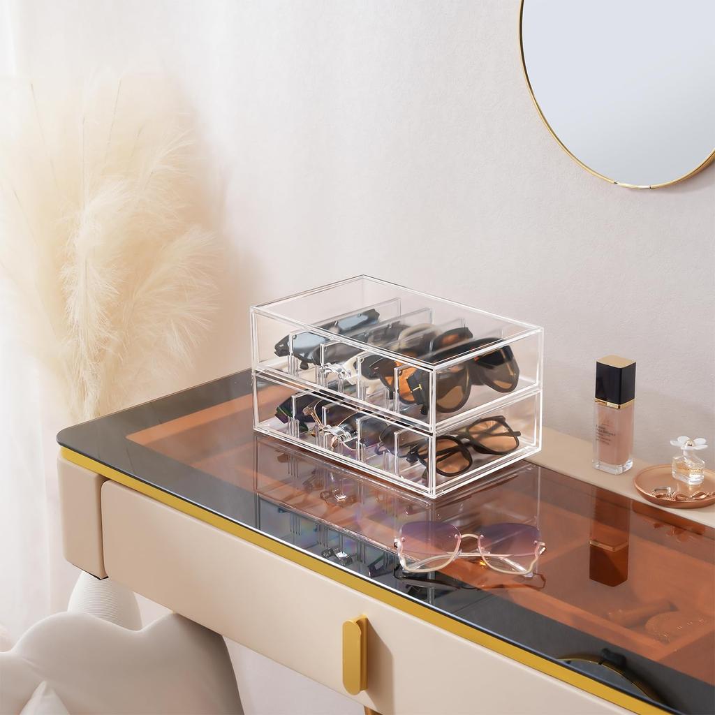 Lolalet Clear Sunglasses Organizer with Eyewear Display Case Storage Box with Removable Holds Multiple Pairs Drawer, Dividers,