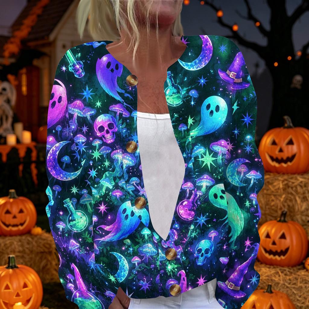 Women's Long Sleeve Knit Cardigan Button Up Sweater Halloween Print Lightweight Casual Outerwear for Autumn and Winter