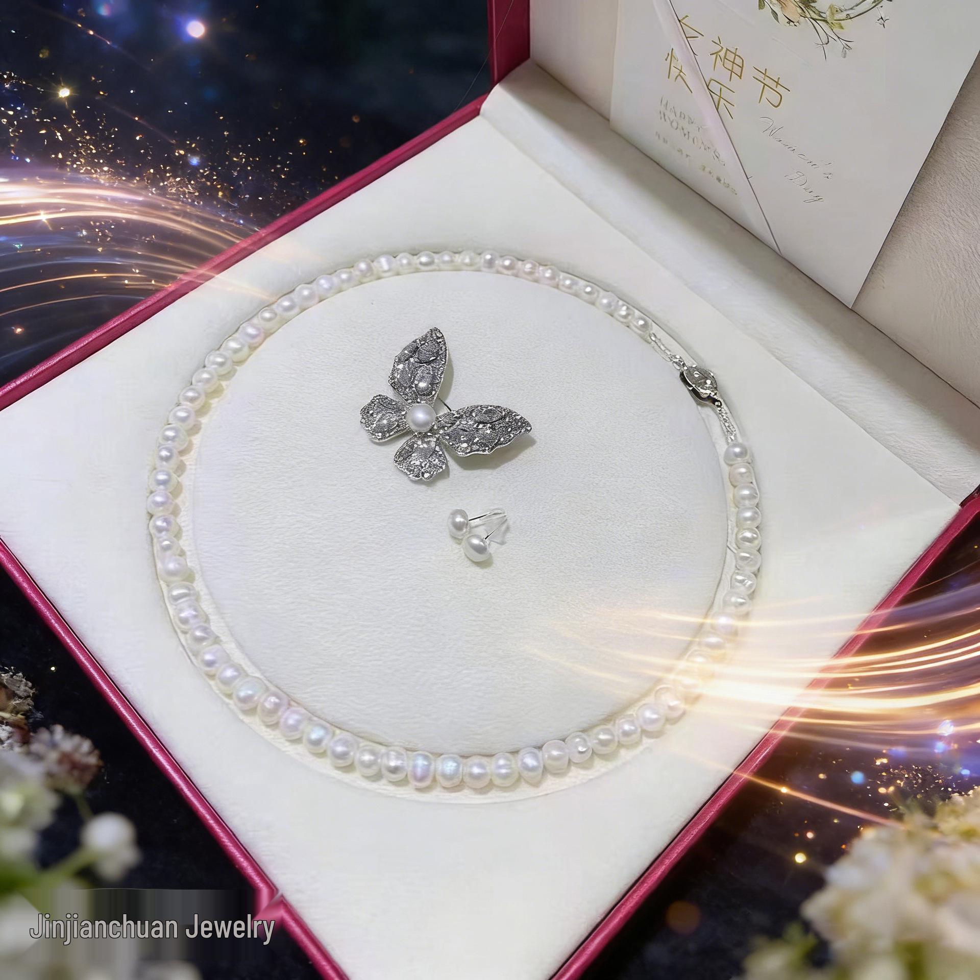

Mother s Day Pearl Jewelry Set: Necklace, Bracelet, & Butterfly Brooch for Mom