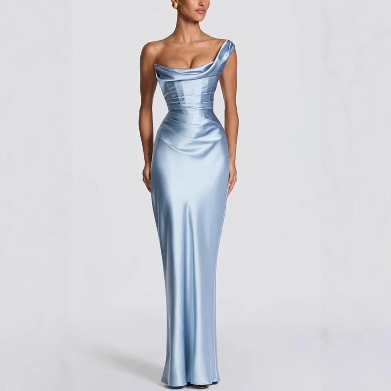 Fashion Women's Satin One Shoulder Long Dress Bandage Pleated Backless Sleeveless Dresses Summer Lady Party Evening Robes new
