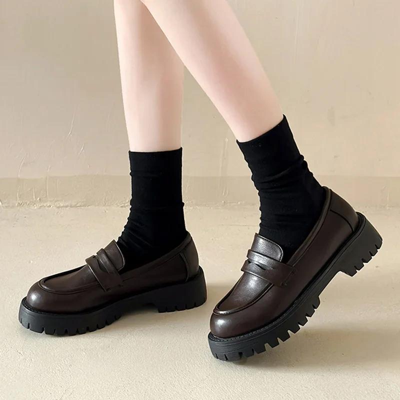 Lucyever Black Pu Leather Platform Loafers for Women Preppy Style Slip On Student Shoes Woman Thick Bottom Single Shoes Size 43