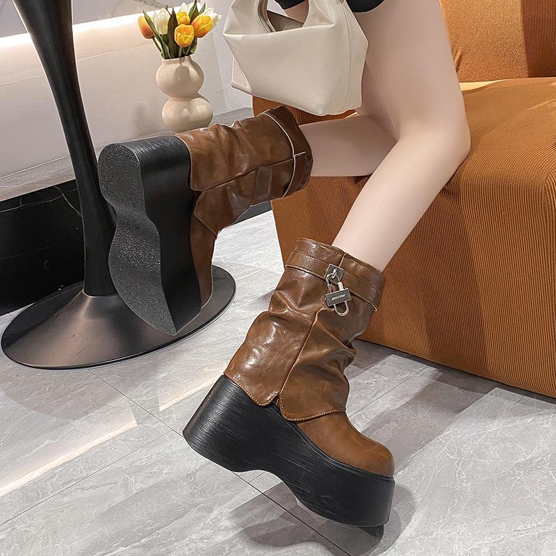 Fashion 2025 New 9CM Soft Leather Ankle Mid Calf Boots Winter Autumn High Platform Wedge British Booties Woman Chunky Motorcycle Boots