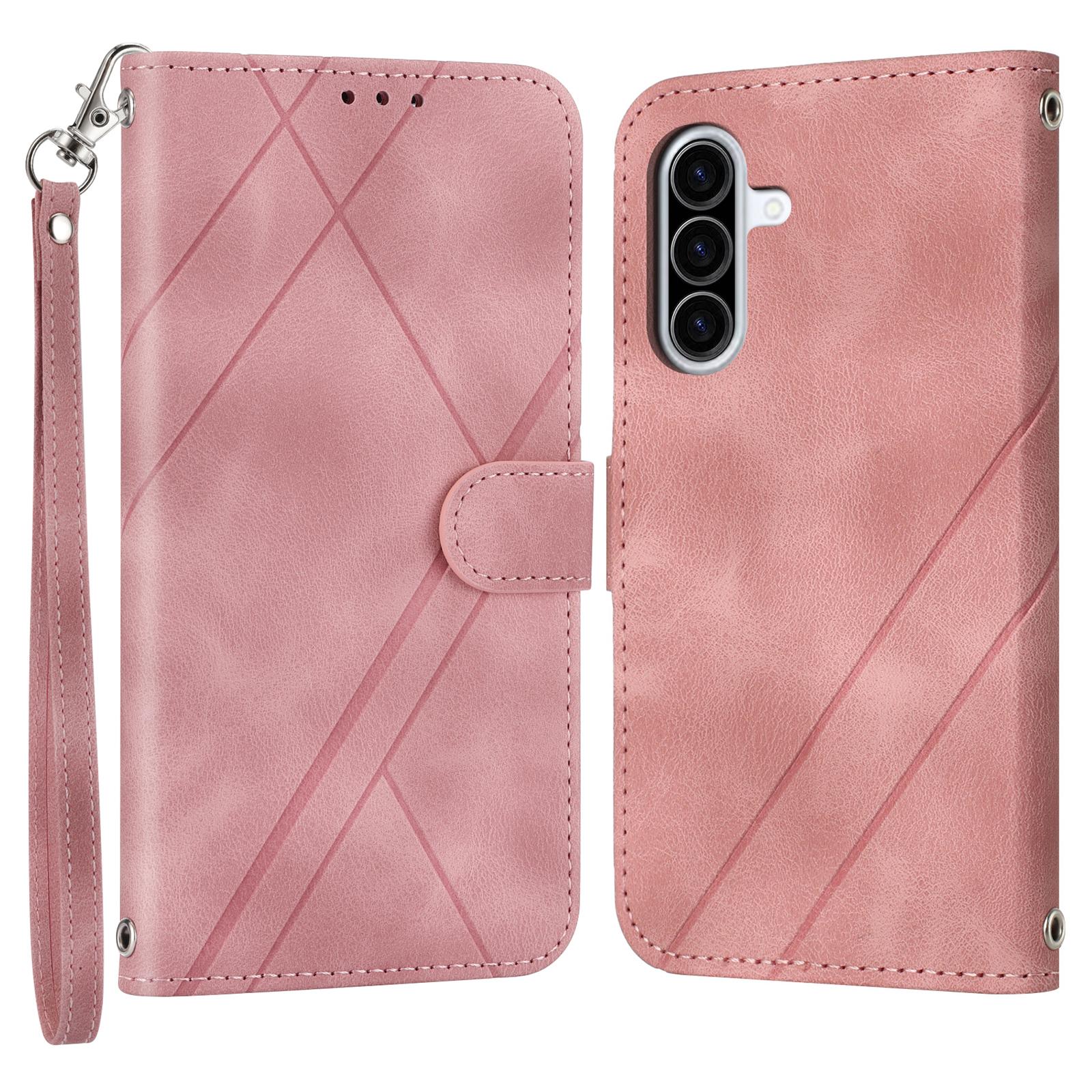 

For Samsung Galaxy A36 5G Case Imprinted Line Leather Phone Cover with Handy Strap Pink