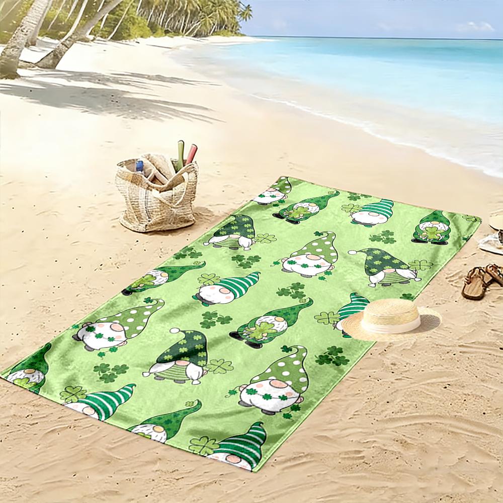 Gnome and Clover Pattern Green Towel Beach towel quick-drying for travel outdoor sports jogging beach and swimming