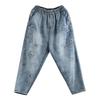 Plus Size Vintage Embroidered Women's Cotton Denim Harem Pants, Elastic Waist, Cropped for Spring/Summer