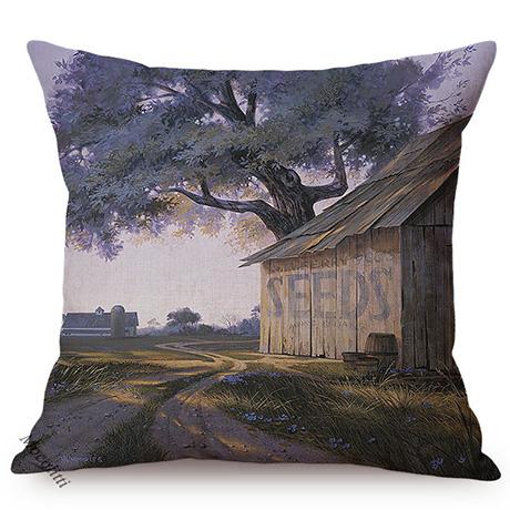 Spring Rural Landscape Pattern Sofa Decorative Cushion Cover Quiet Creek Florals Scenery Cotton Linen Throw Pillow Case Cojines