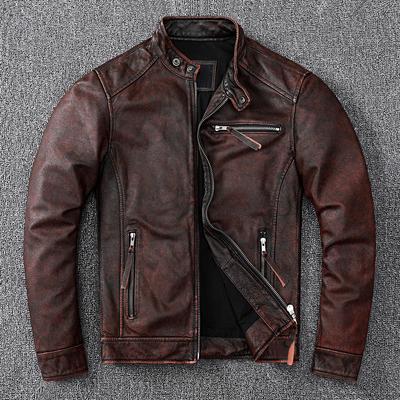 Manteau marron Vintage Style motard classique court mince veste en cuir véritable hommes manteau en cuir décontracté taille asiatique 6XL automne vente en gros