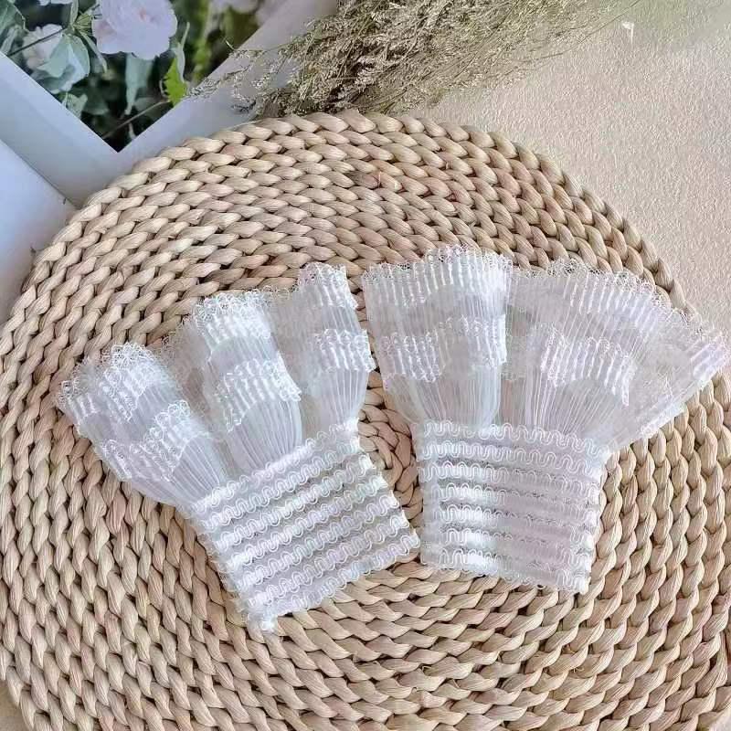 1Pair Detachable Cuffs Pearl Lace Mesh Fake Flared Sleeves Double Layer Pleated Ruched False Cuffs Sweater Blouse Wrist Warmers
