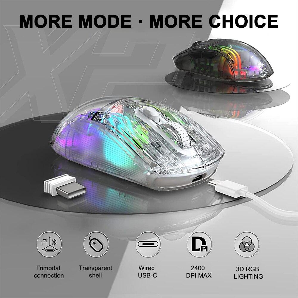 Wireless Gaming Mouse Transparent Double Mode 2.4G Bluetooth 3D RGB Backlit Wireless Computer Mice for Laptop PC Mac