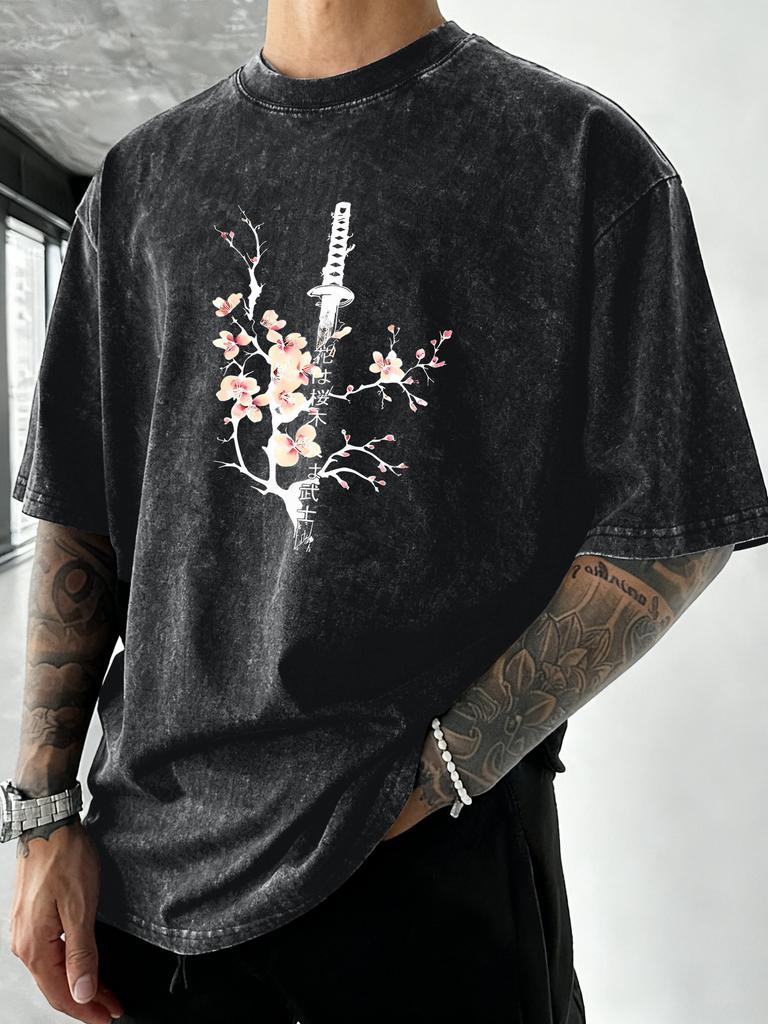 Japanese Cherry Blossom Sword Print Mens Washed TShirt Summer Cotton Short Sleeve Sport Running T Shirt Casual Loose Top