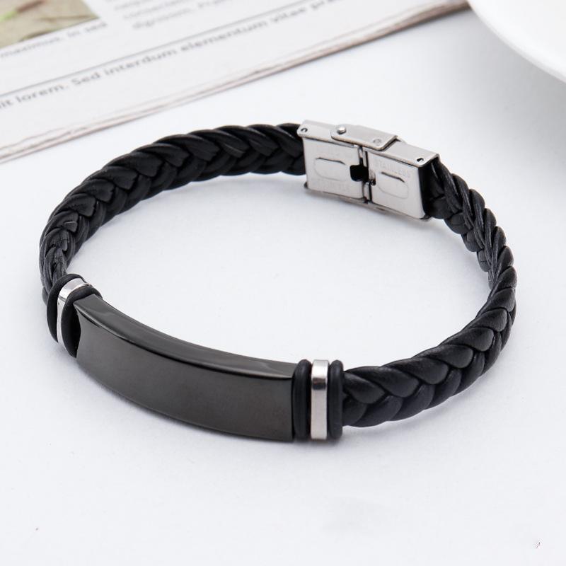 Titanium Steel Engraved Bangle with European-American Leather and Stainless Steel Woven Design