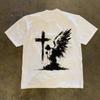 Bläckmålning Knäböjande Ängel Korsrygg Tryck T-shirt Unisex Unisex Oversized Bomulls T-shirt Gotisk Mörk Streetwear Casual Kortärmade Toppar