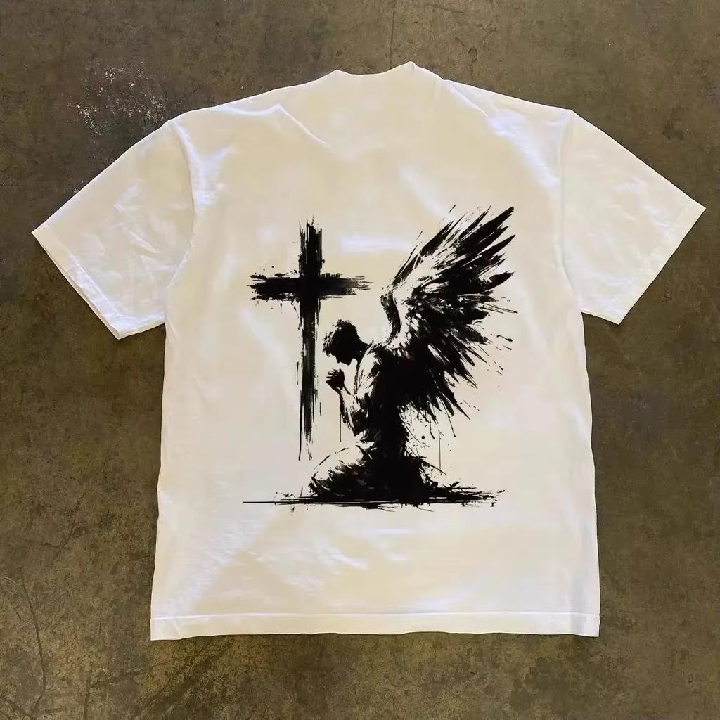 Bläckmålning Knäböjande Ängel Korsrygg Tryck T-shirt Unisex Unisex Oversized Bomulls T-shirt Gotisk Mörk Streetwear Casual Kortärmade Toppar