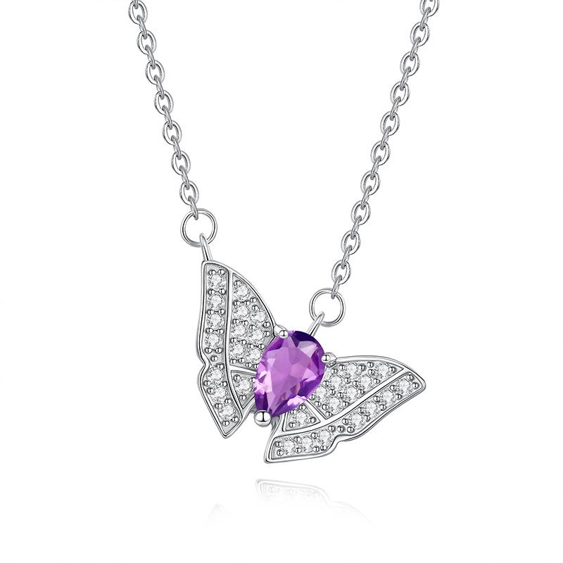 

Natural crystal sparkling butterfly pendant s925 pure silver necklace for women, versatile collarbone chain, fashionable jewelry gift 925 silver