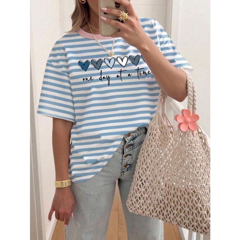 Damska koszulka oversize w paski, drukowana 3D, letnia, casualowa, z okrągłym dekoltem, luźna, modna, z krótkim rękawem, top damski