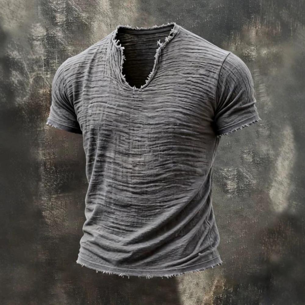 2026 Solid-color Men's Retro Cotton-Linen Mustache Edge Special V-Neck Short-Sleeve T-Shirt