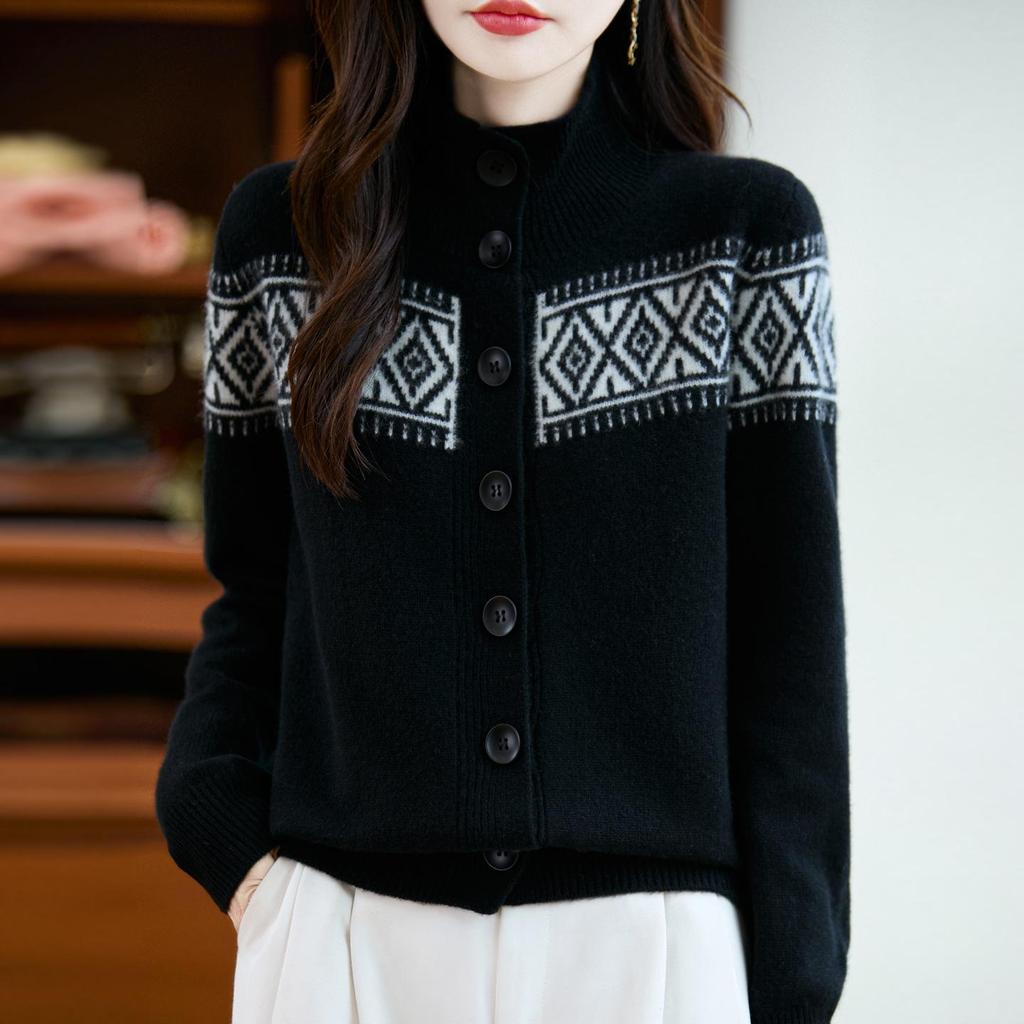 French Style Wool Fair Isle Jacquard Cardigan for Women - 2025 Collection