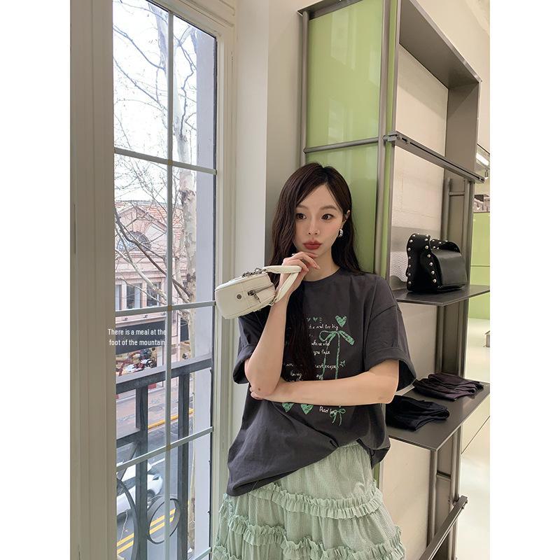 2025 Sommer Französisch G Elch-Print Rundhals Locker Damen Baumwoll-T-Shirt