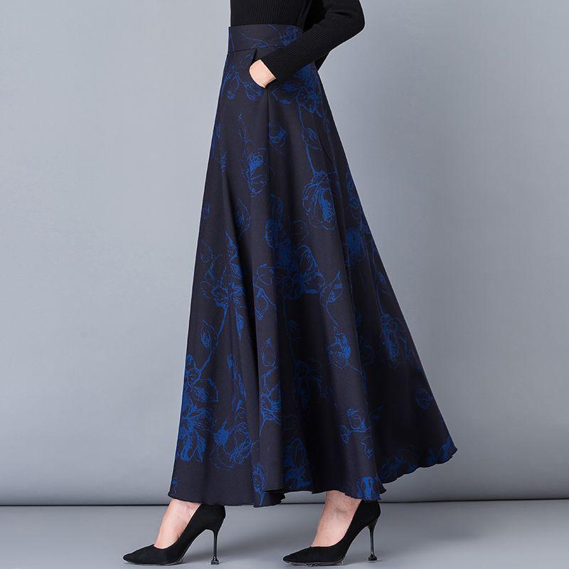 Herbst- und Winterrock Damen Ethnischer Stil Druck Hoher Bund A-Linie Rock Mittellang Großer Schwingender Rock Tanzender Winterrock
