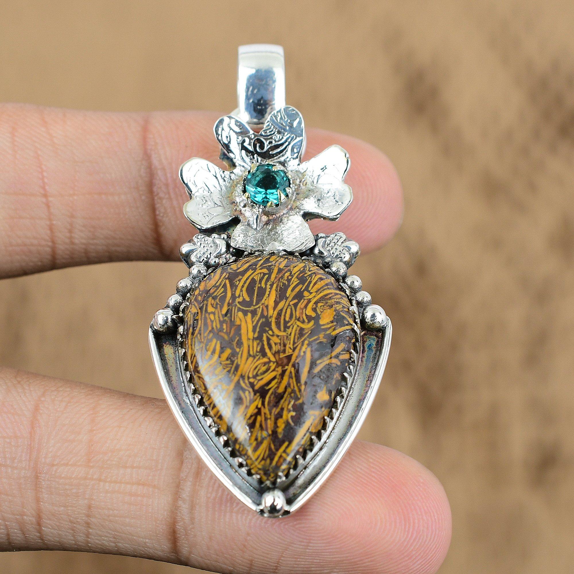 

Womens day Sale Mariam Jasper Stone Swiss Blue Topaz Flower Pendant 925 Silver