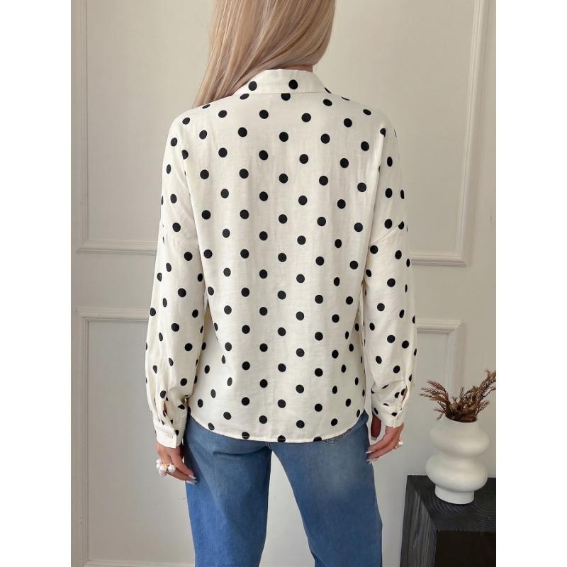 Loose Straight Stand Collar Long Sleeve Polka Dot Casual Commuter Shirt