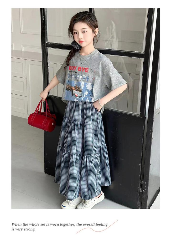 Girls' Summer Plaid Skirt Set, Children's Korean Style Casual Loose Short Sleeved Shirt, Big Children's Half Skirt Two-piece Set