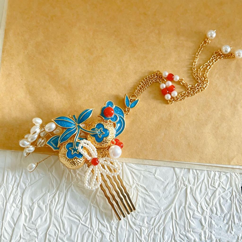 Persimmon Ruyi Xiuhe Tassel Hair Comb Ornament - Ancient Style Hairpin for Updos