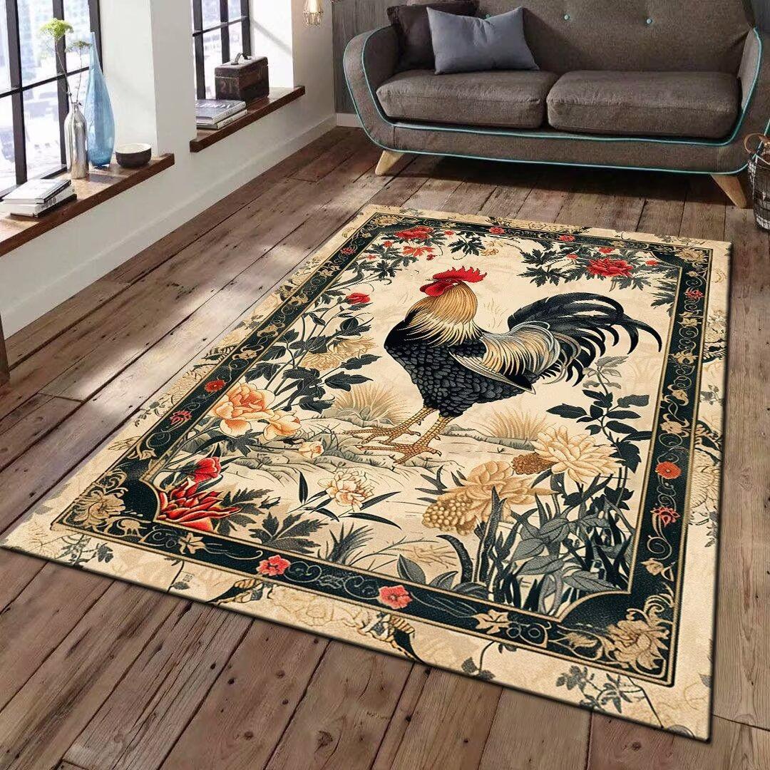 Vintage Rooster Floral Area Rug Collection Retro Farmhouse Style Pattern Floor Mat For Living Room Country Home Decor