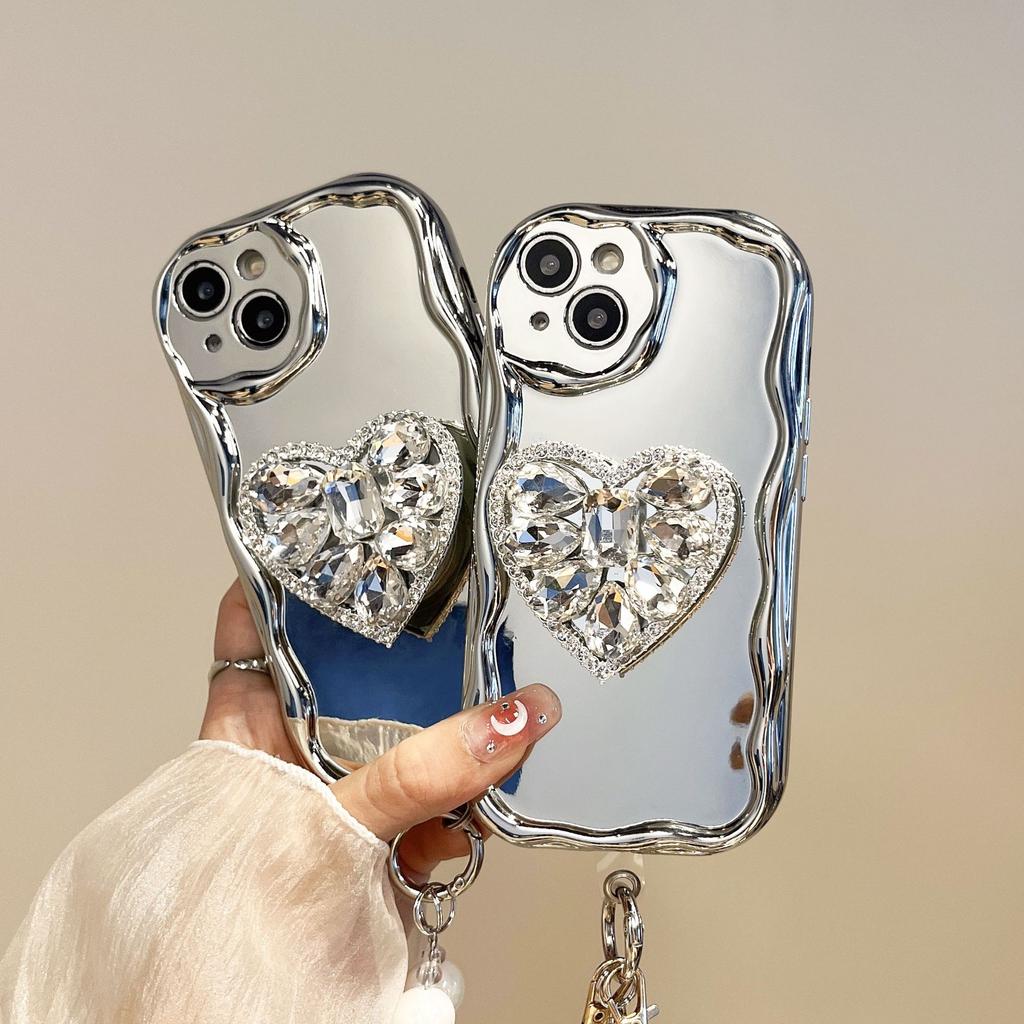 Irregular silver applies to Apple 17 electroplated mirror mobile phone case 16promax luxury love rhinestone bracket 15PM
