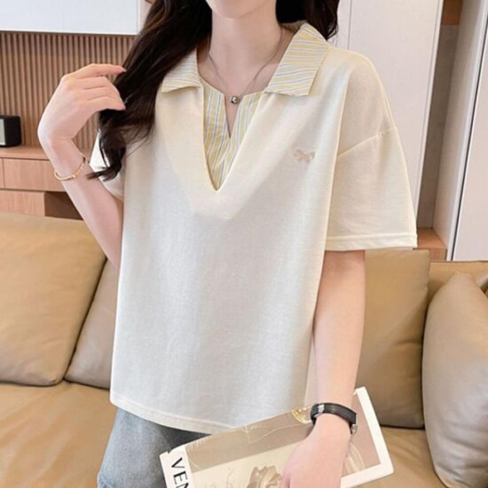Navava Women Casual Embroidery PoinT Daily Collar ShorT Sleeve T shirT nT3415