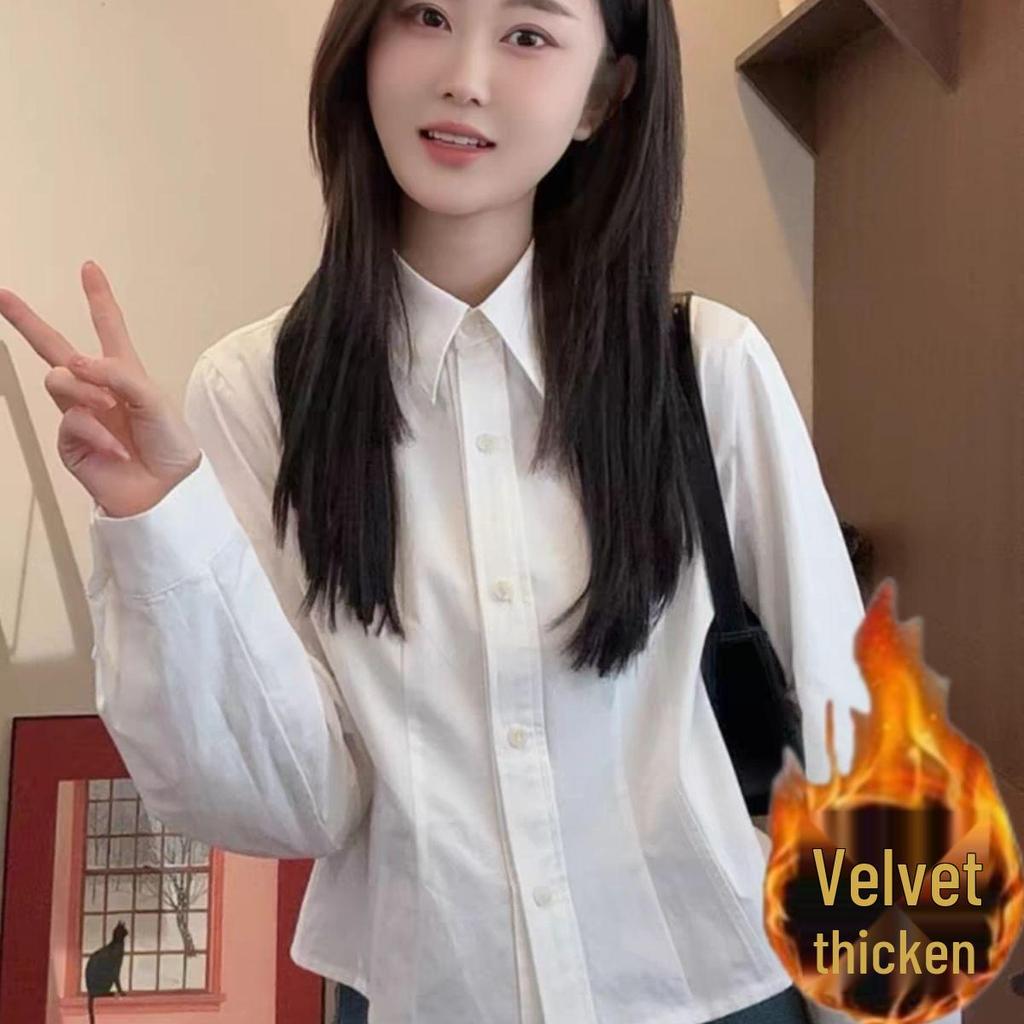 Women's Autumn/Winter Velvet Warm Long-Sleeve Lapel Shirt - College Style, Slimming, Sweet Design