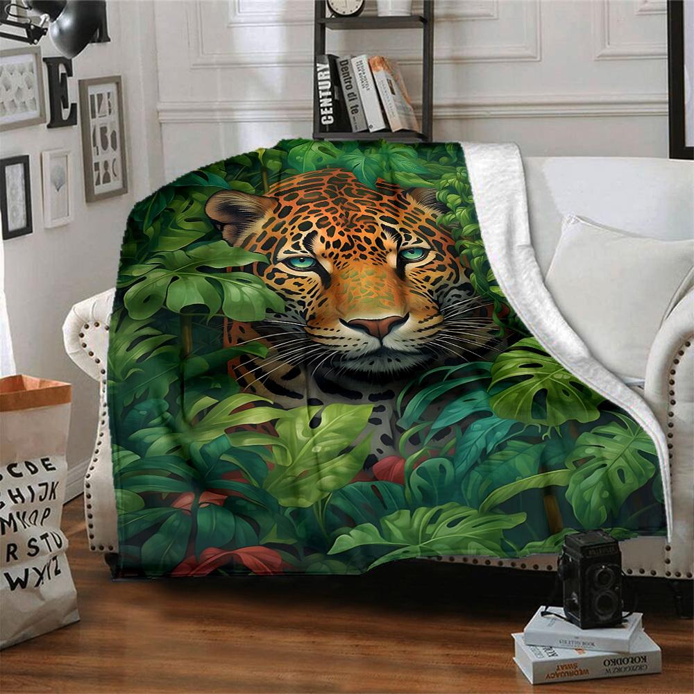 1pc Jungle Leopard Print Blanket Lightweight Flannel Blanket Throw Blanket For Sofa, Bed, Travel, Camping, Livingroom, Office, Couch, Chair, And Bed y