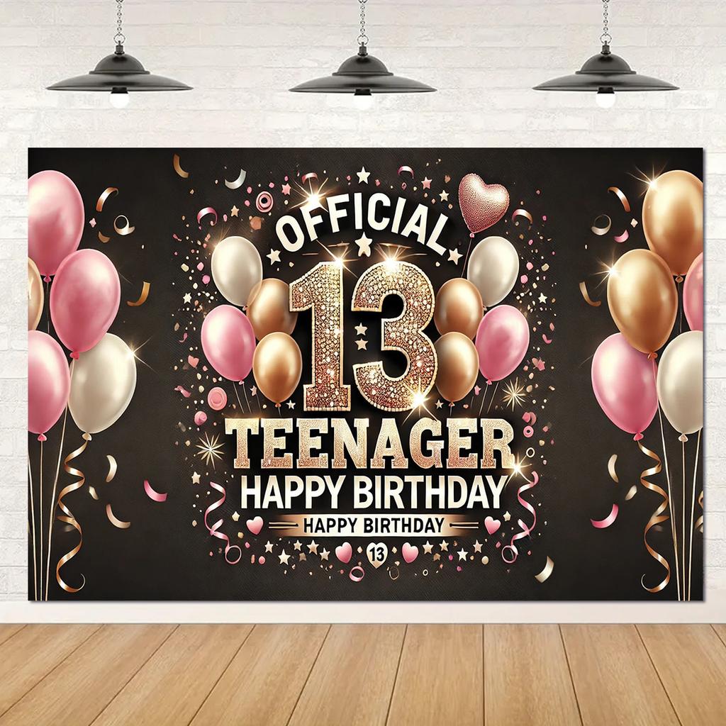 One shiny powder gold 13th birthday banner - made of durable polyester material, suitable for teenage party decorations