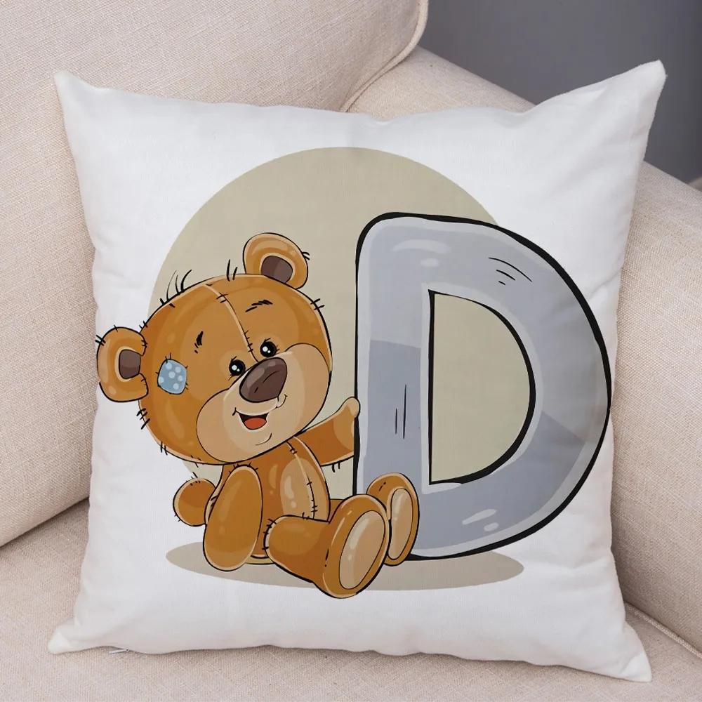 Cute Cartoon Bear Animal Cushion Cover for Sofa Children Room English Letter Print Pillow Case Short Plush Pillowcase 45x45cm