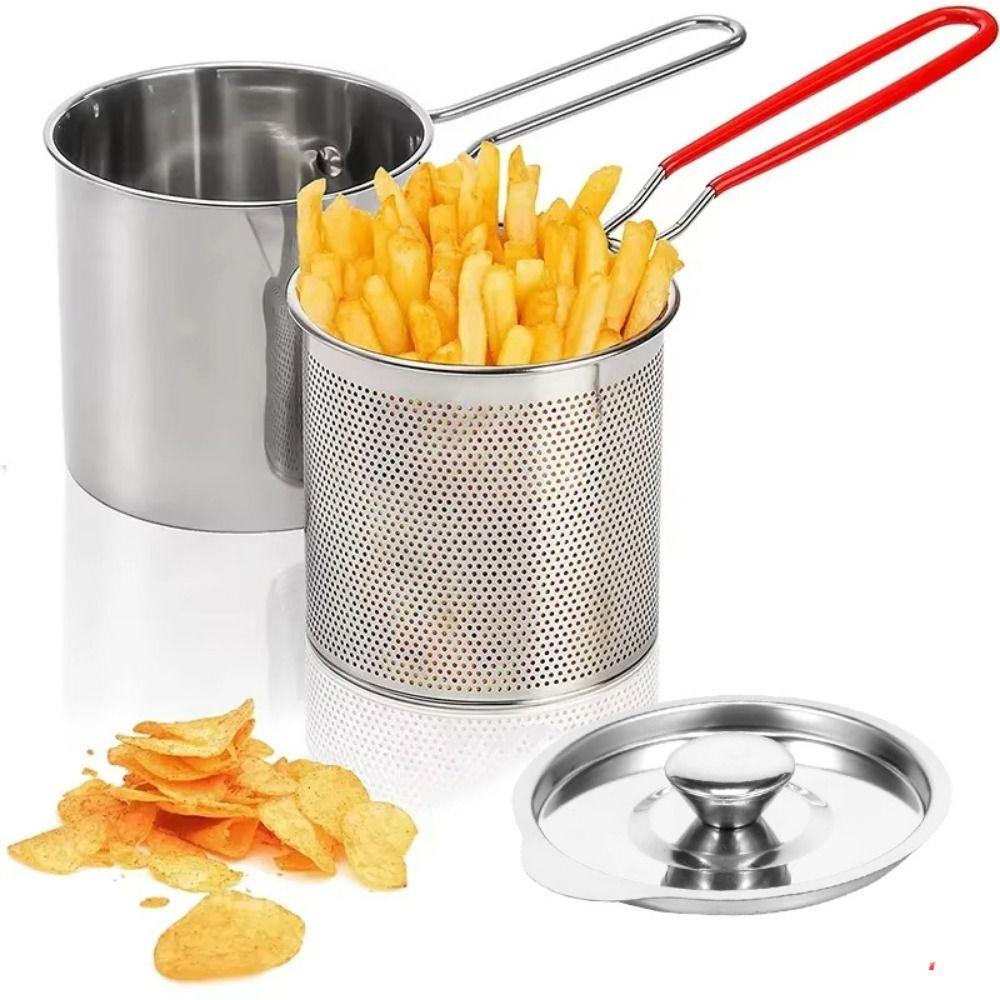 Lid Deep Fryer with Strainer Stainless Steel Milk Warmer Pot Tempura Fryer Pan Kitchen