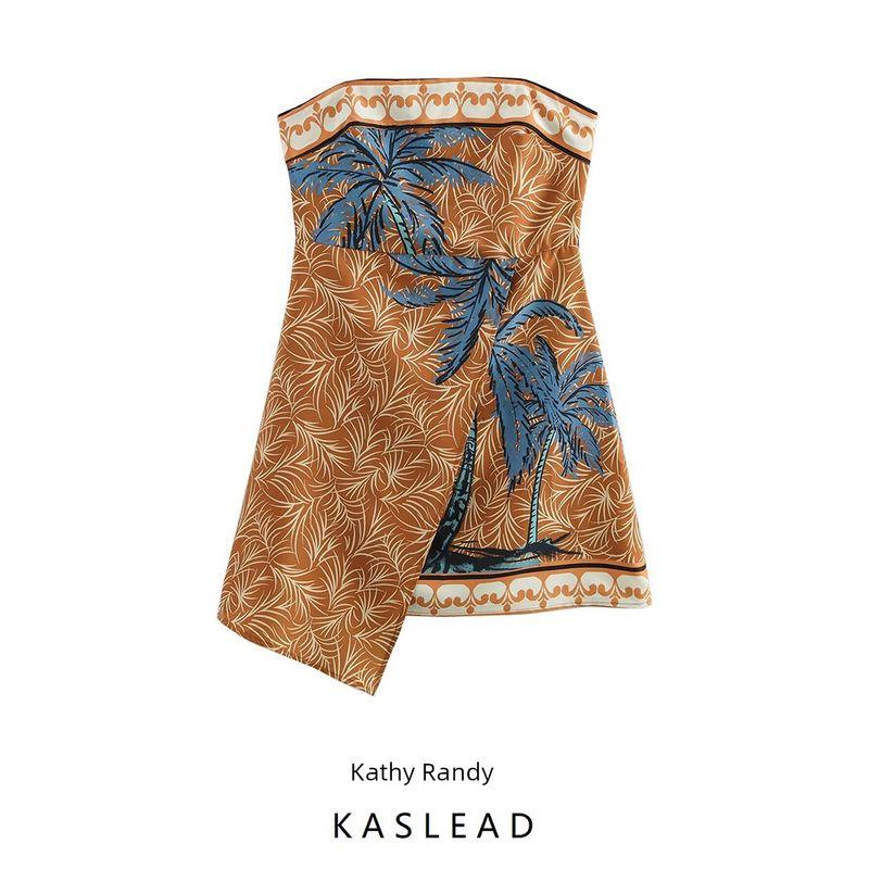 Kaslead New Women Clothes Western Style Fashion Slim Fit Coconut Tree Print Short Tube Top Dress