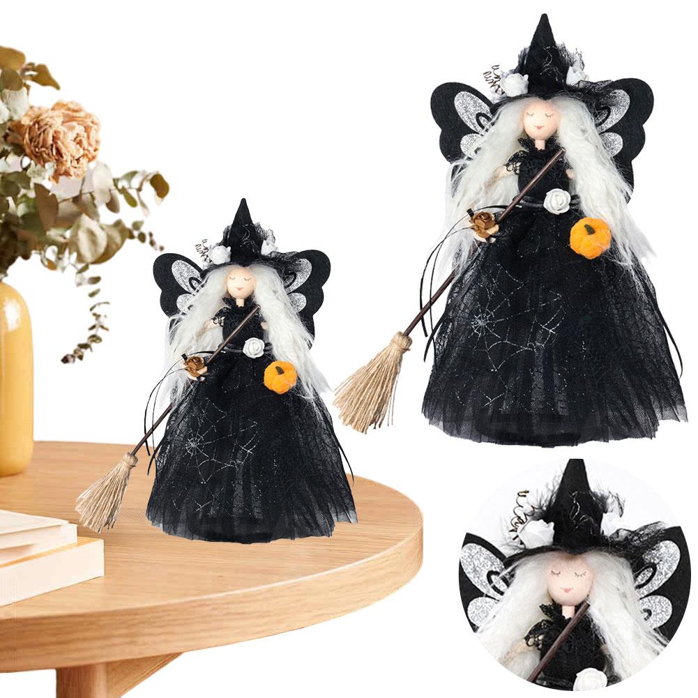 Halloween Witch Doll with Broom Haunted House Doll Ornaments Halloween Witch Tree Topper Decoration for Halloween Party Decor