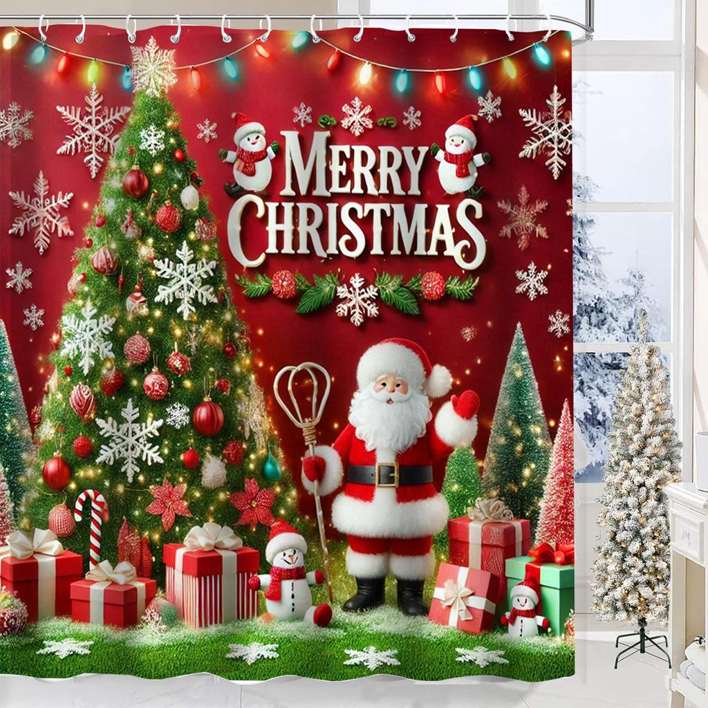 Christmas Festival Decorations Santa Claus Pattern Bathroom Shower Curtain With 12  Hooks Home Bathroom Decor And Accessories